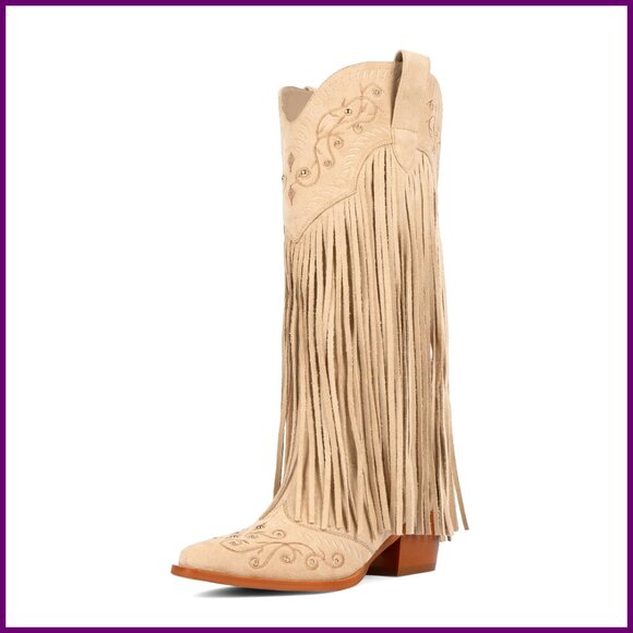 Shoes - Knee High Cowboy Boots with Fringe Embroidered Chunky Heel Pointed Toe